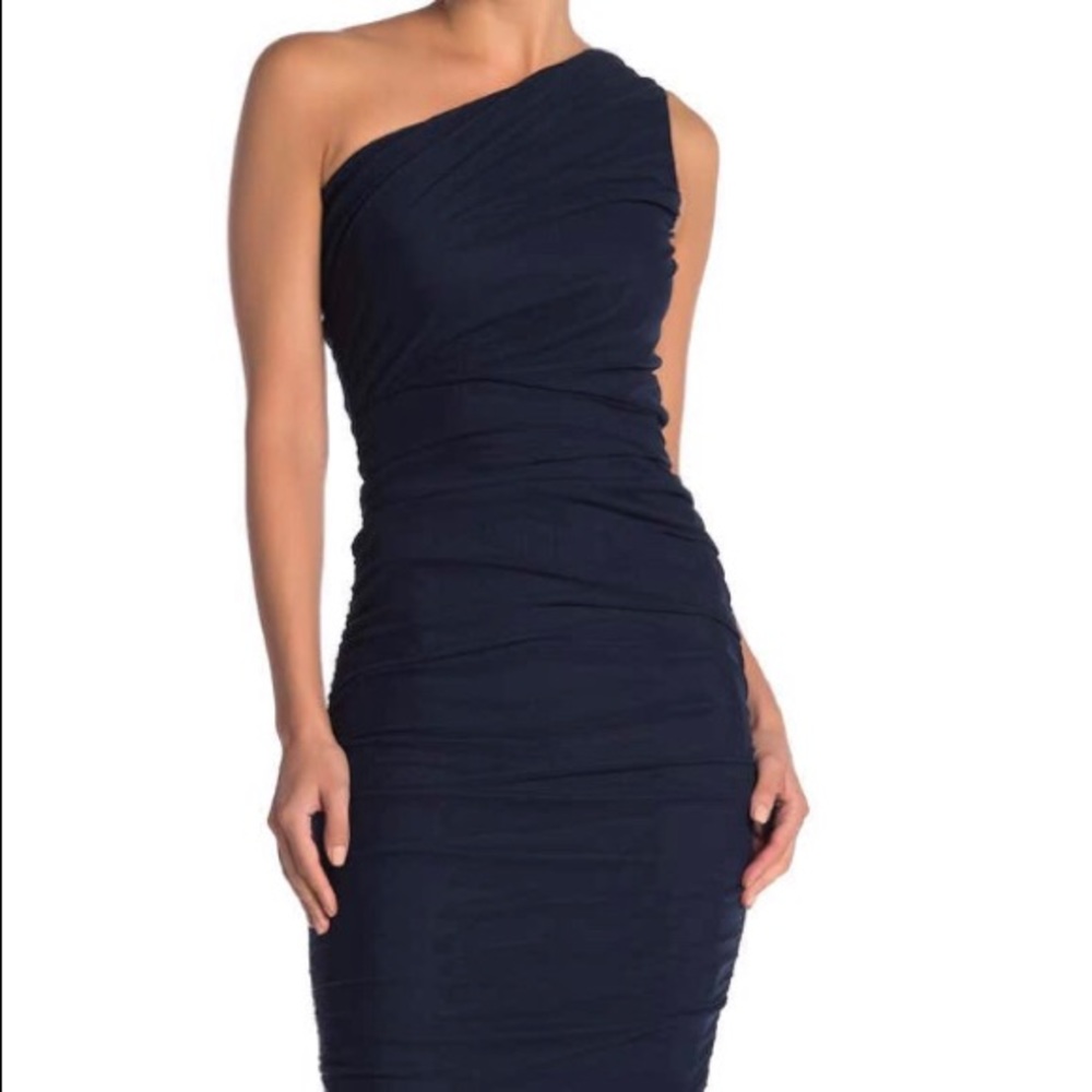 Navy ruched one-shouldered cocktail dress